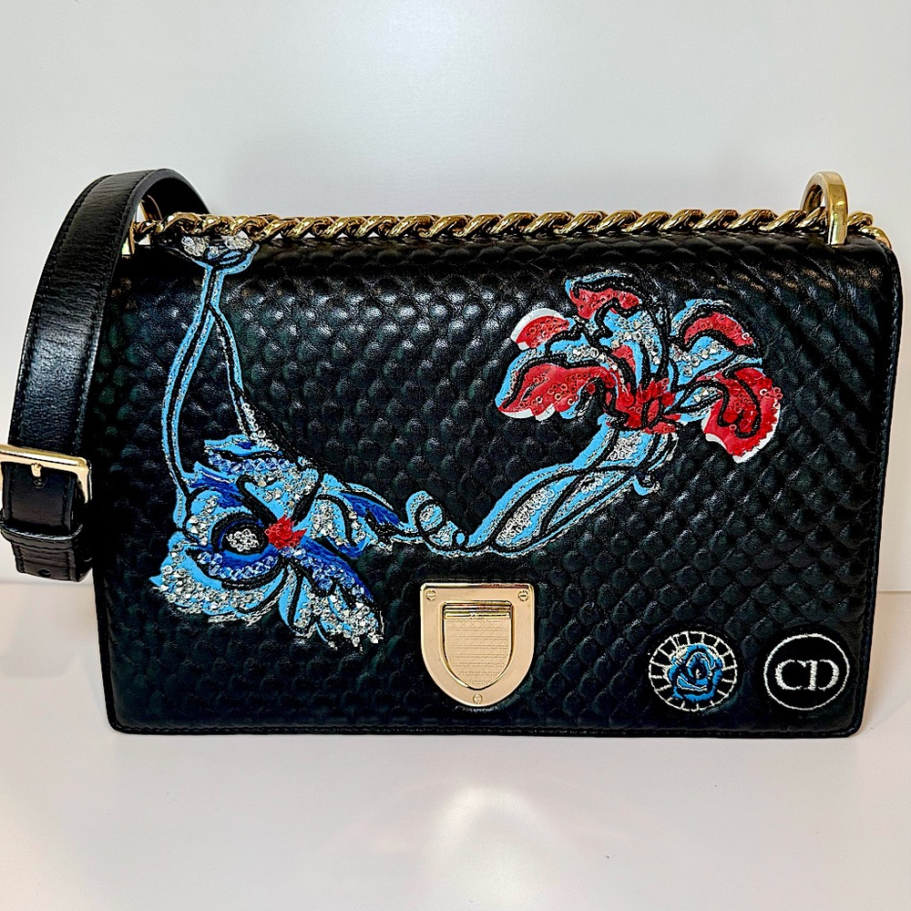 Christian Dior Diorama Medium Flap Bag W Black Embroidered Leather & Chain Strap - Picture 1 of 16